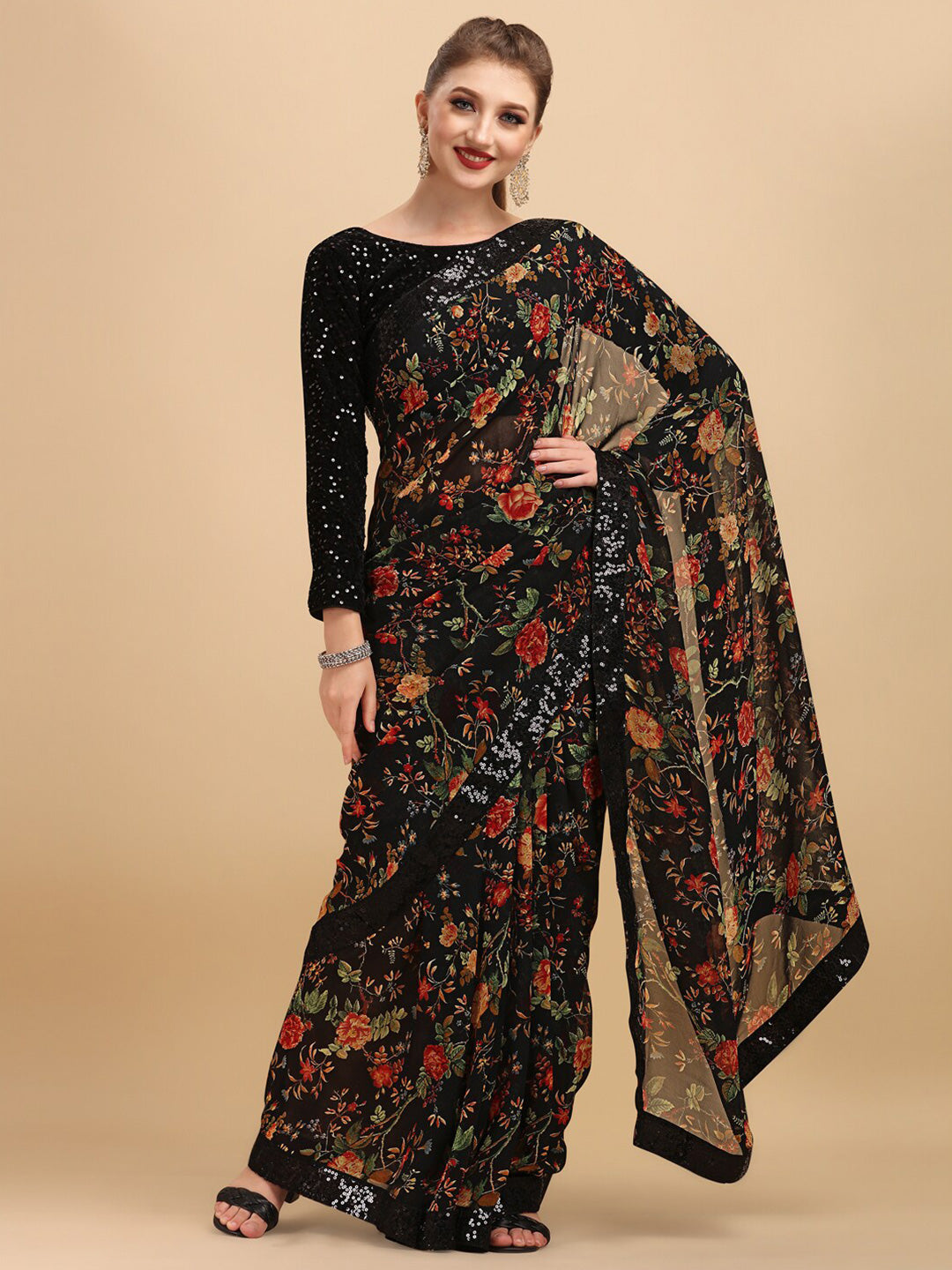 Sangria Floral Printed Embroidered Saree - Distacart