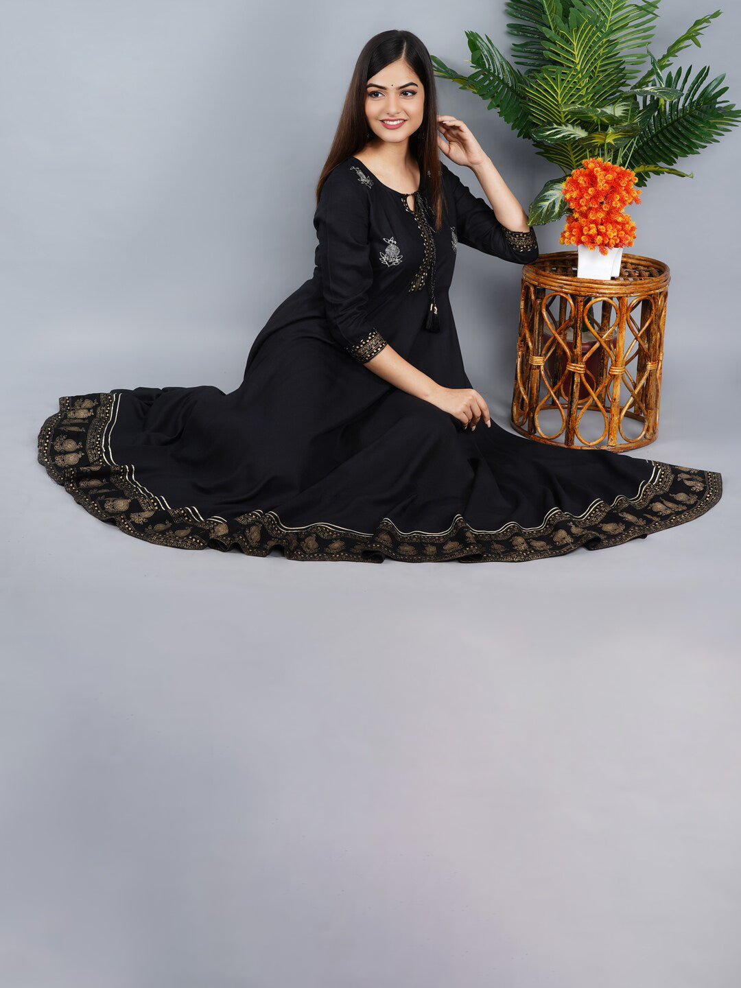 Kalini Women Black & Golden Floral Embroidered Anarkali Kurta - Distacart