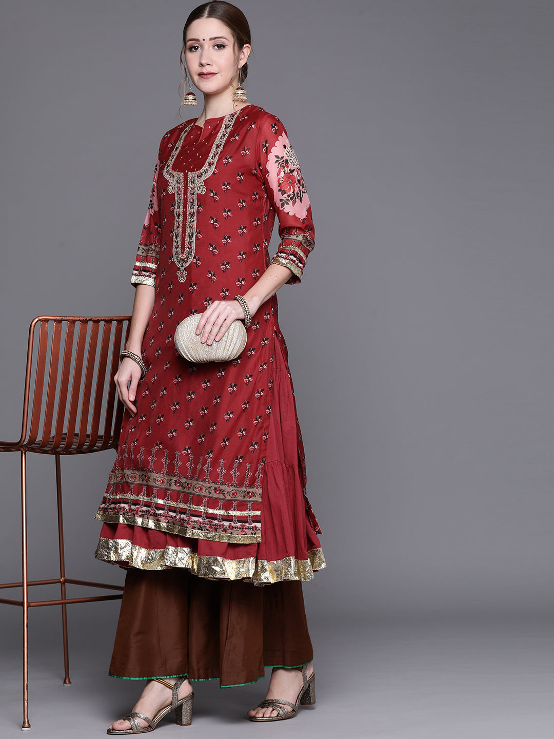 Biba Women Red & Black Ethnic Motifs Woven Design Gotta Patti Winter Kurta - Distacart