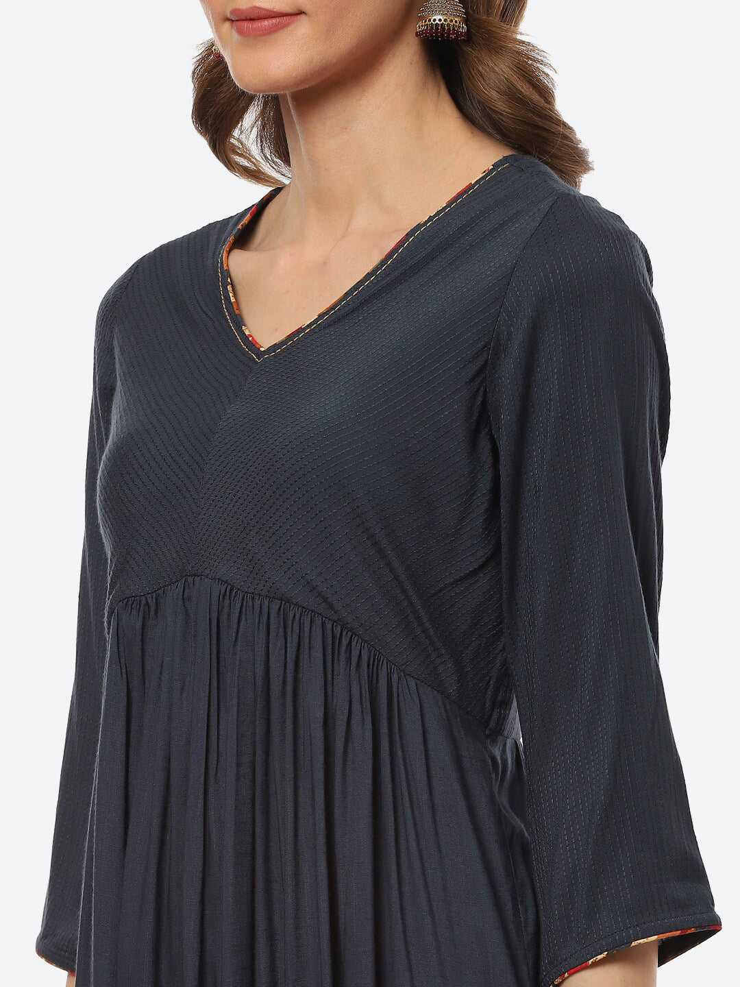 Biba Women Navy Blue Pleated Thread Work Kurta with Trousers & With Dupatta - Distacart