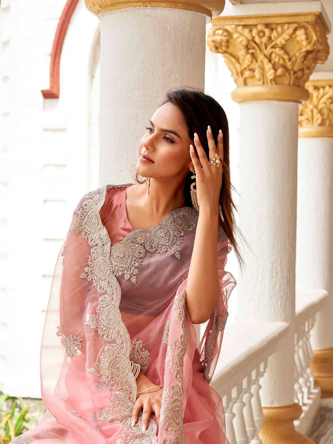 Tikhi Imli Floral Beads and Stones Organza Heavy Work Saree - Distacart