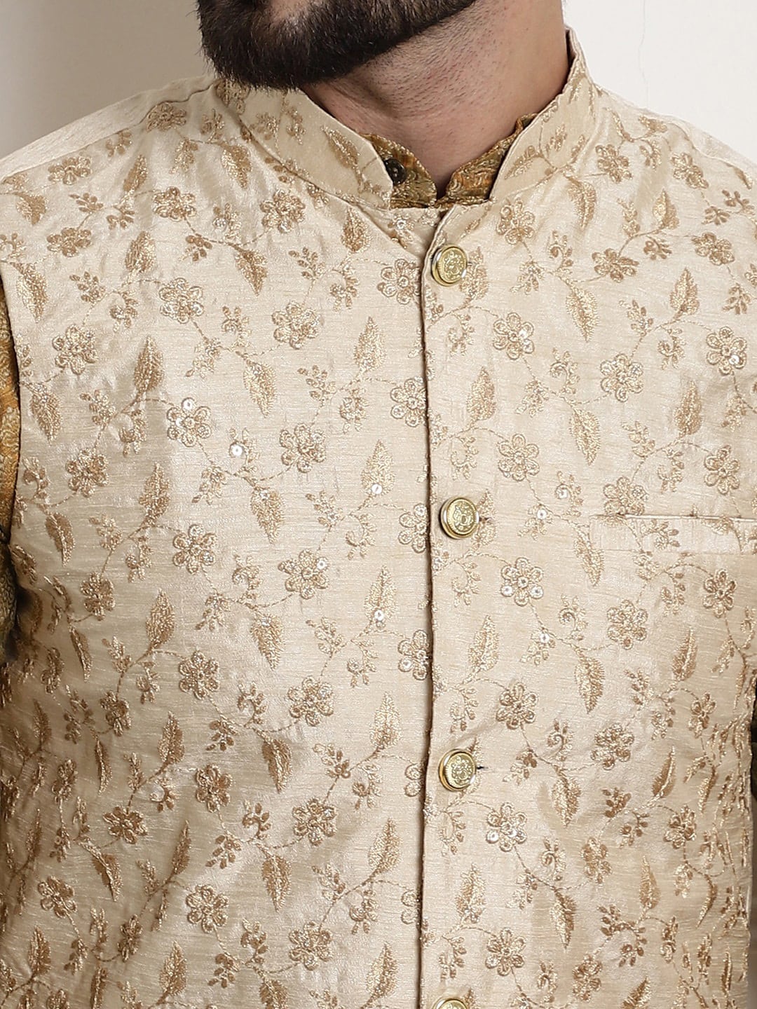 Sojanya Woven Design Mandarin Collar Kurta with Churidar & Nehru Jacket - Distacart