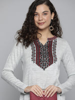 Thumbnail for HERE&NOW Women Grey Melange & Red Ethnic Motifs Yoke Design Thread Work Kurta - Distacart
