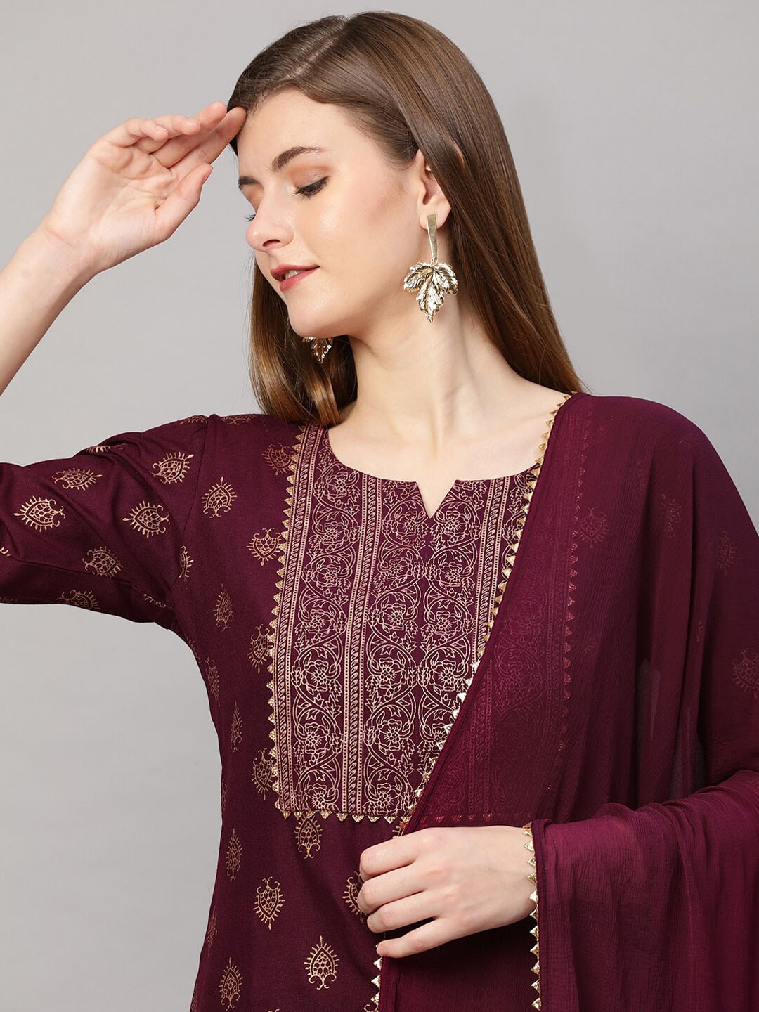 Kalini Women Burgundy Ethnic Motifs Printed Kurta with Trousers & With Dupatta - Distacart