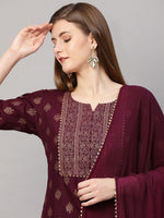 Thumbnail for Kalini Women Burgundy Ethnic Motifs Printed Kurta with Trousers & With Dupatta - Distacart