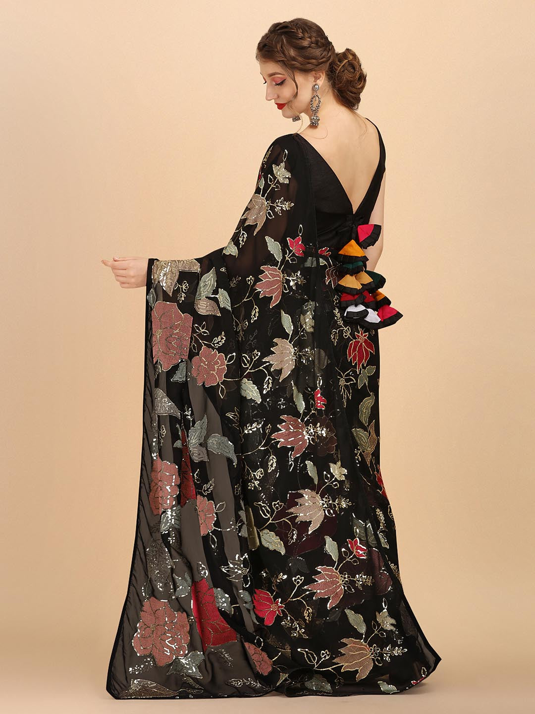 Sangria Black & Red Floral Sequinned Pure Georgette Saree - Distacart