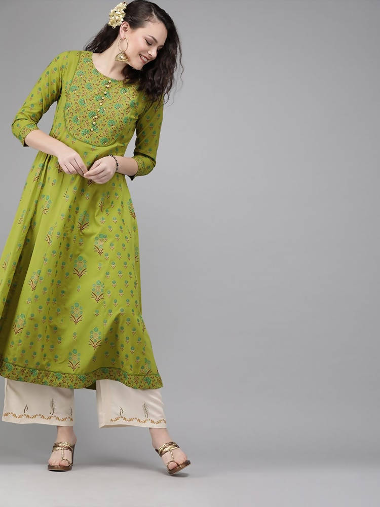 Yufta Women Green & Brown Printed A-Line Panelled Kurta