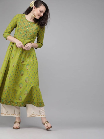 Yufta Women Green & Brown Printed A-Line Panelled Kurta