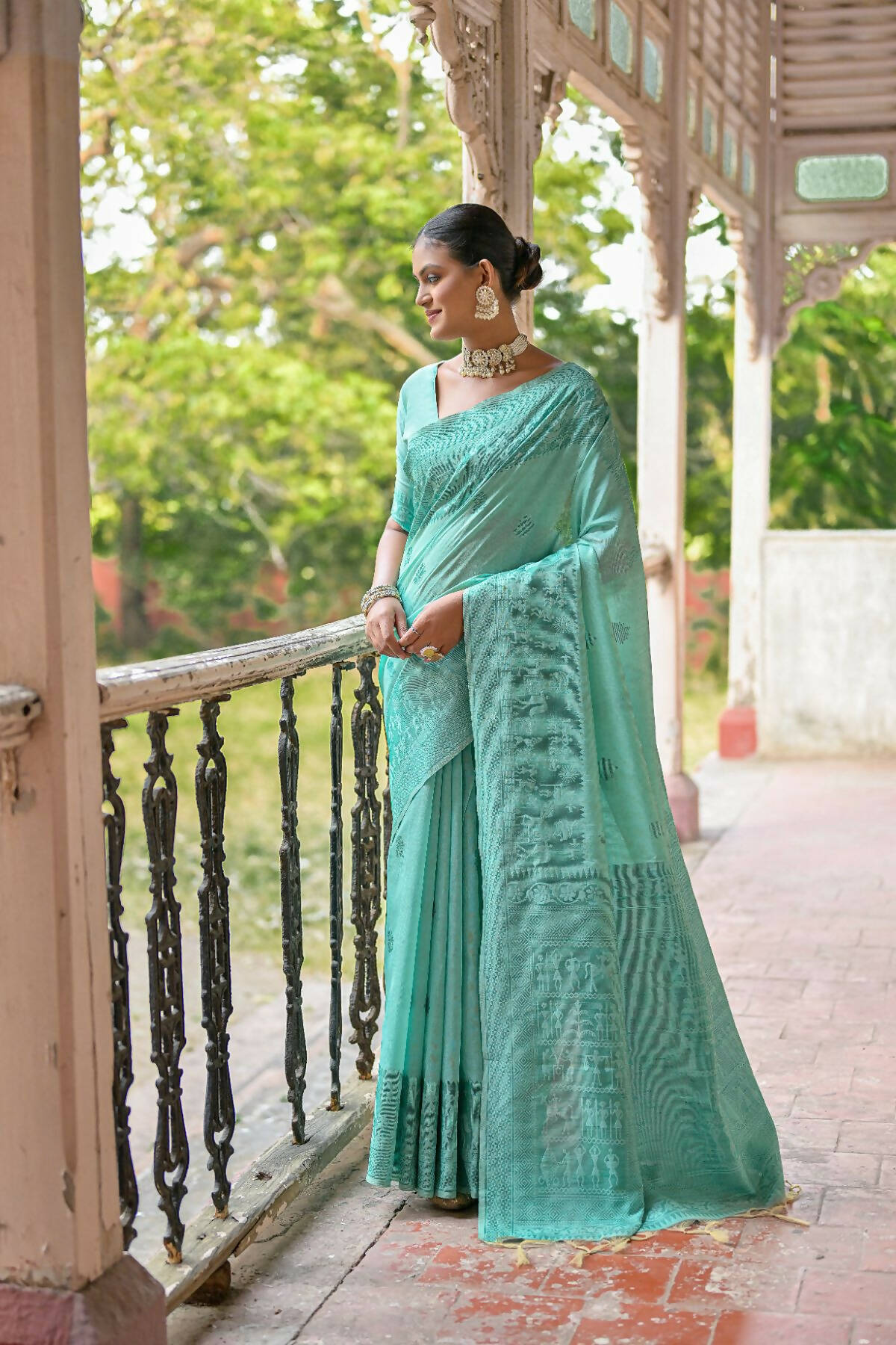 Vishnu Weaves Women's Sea-Green Handloom Raw Silk Woven Border Saree with Blouse - Distacart