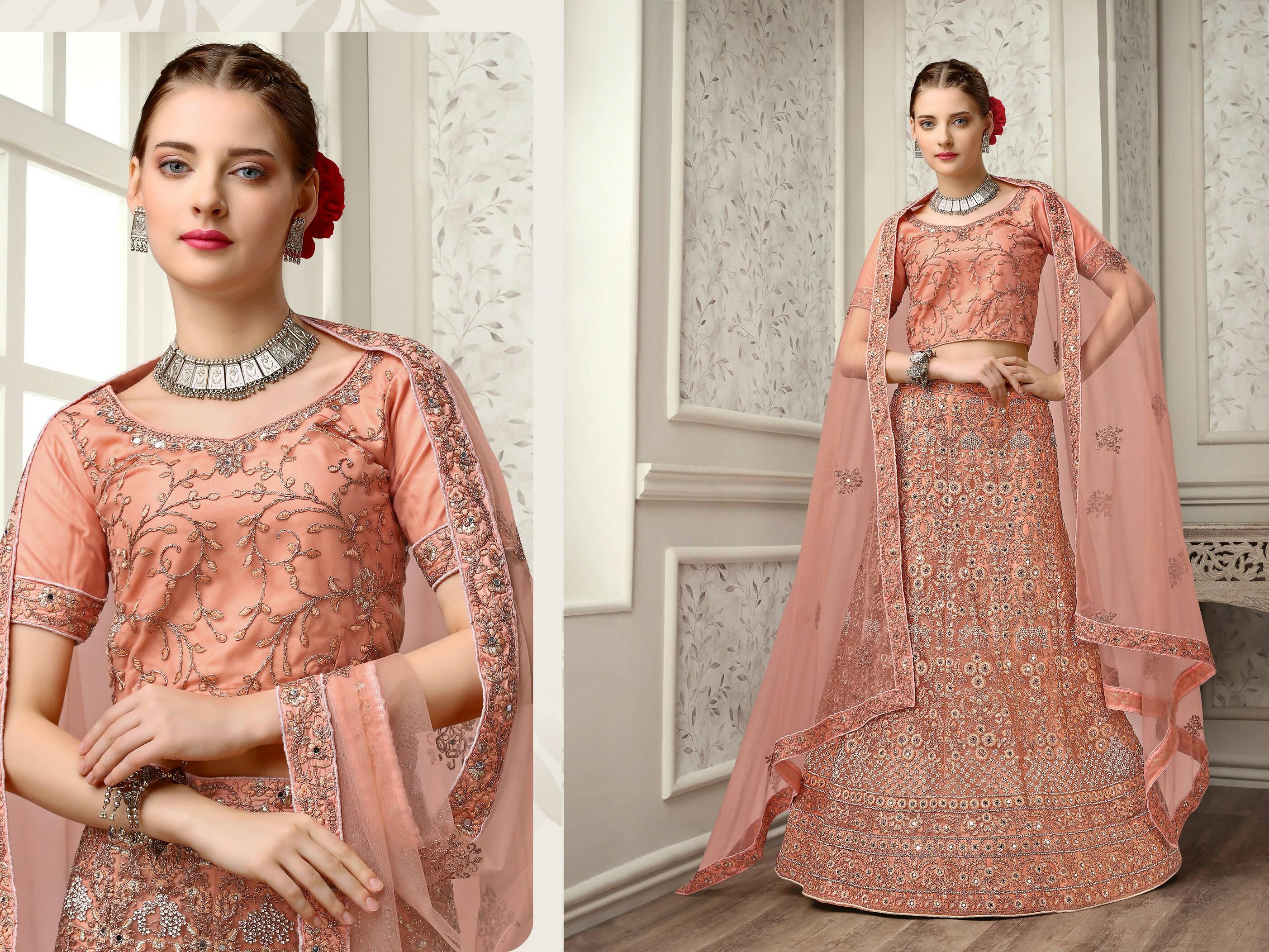 Peach Net Fancy Zari Embroidered work Lehenga Choli with Dupatta - Heer - Distacart