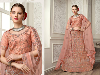 Peach Net Fancy Zari Embroidered work Lehenga Choli with Dupatta - Heer - Distacart