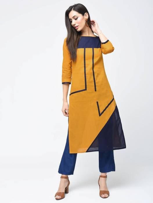 Aniyah Cotton Color Block Straight Kurta In Mustard Color (AN-102K)