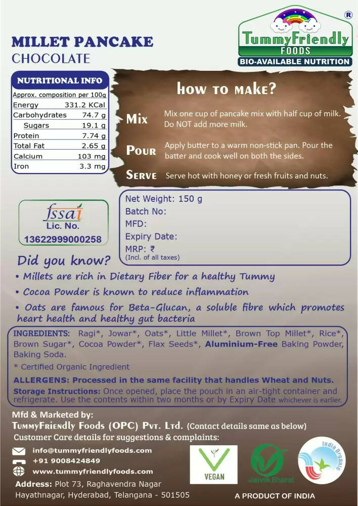 TummyFriendly Foods Aluminium-Free Millet Pancake Mix - Chocolate - Distacart