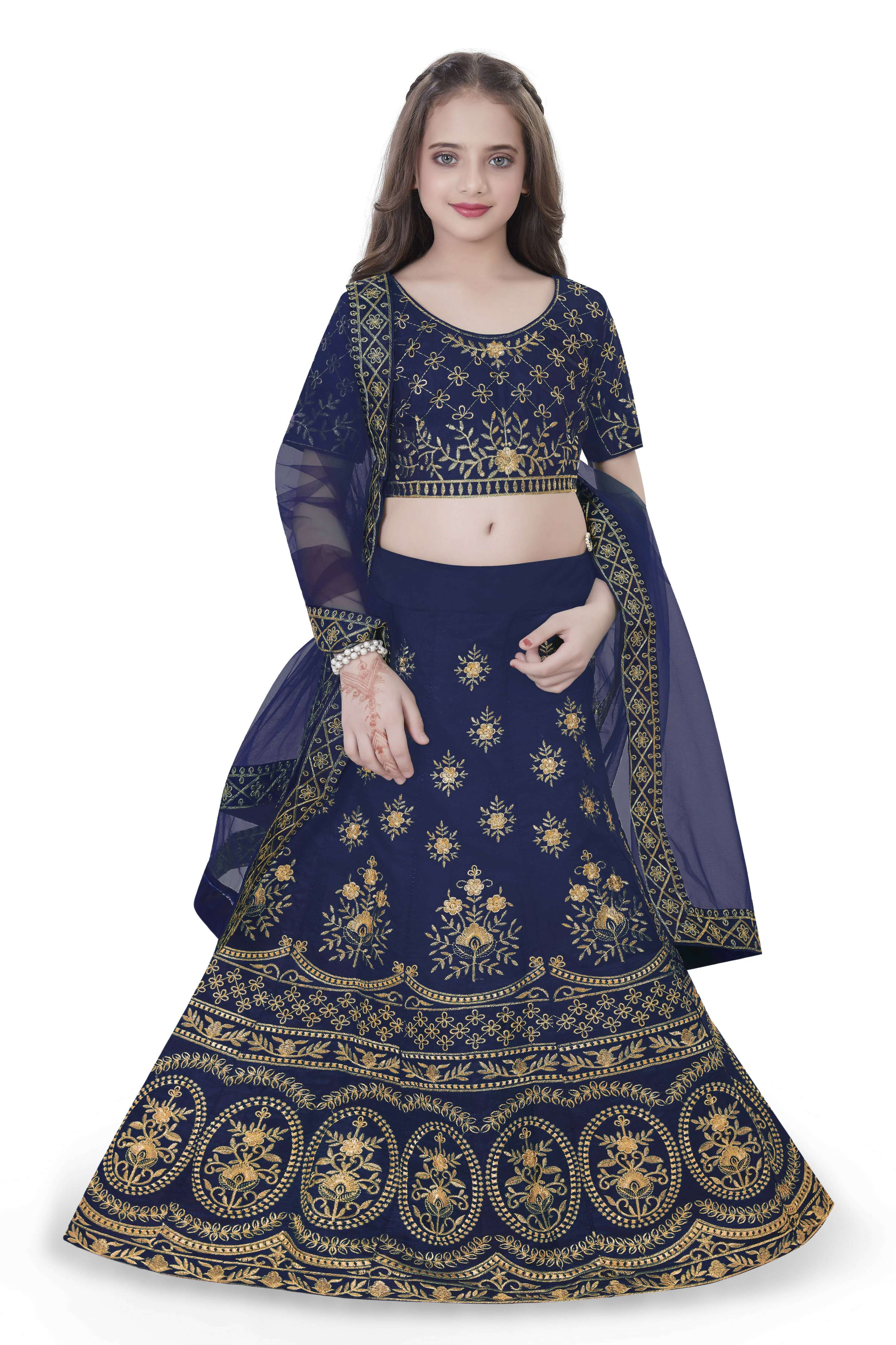 Dwiden Navy Blue Lehriyu Tafetta Sattin Semi-Stitched Girl's Lehenga Choli - Distacart