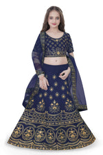 Thumbnail for Dwiden Navy Blue Lehriyu Tafetta Sattin Semi-Stitched Girl's Lehenga Choli - Distacart
