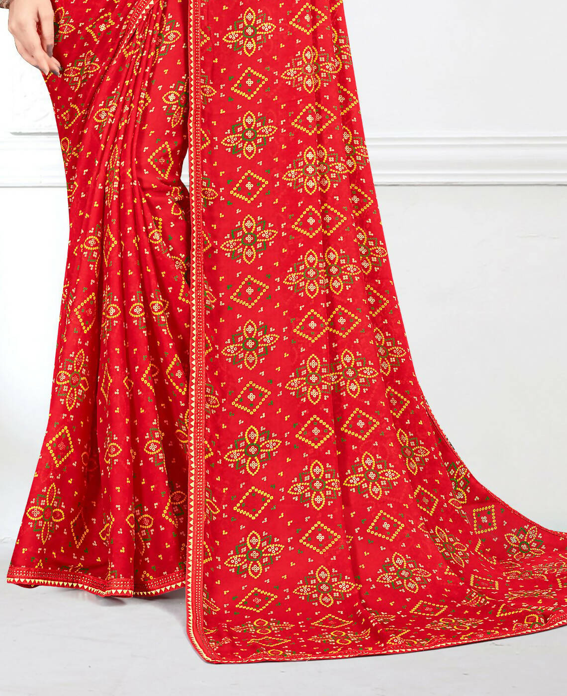 Red Georgette Bandhani Printed Saree With Unstitched Blouse Piece - Jyoti - Distacart