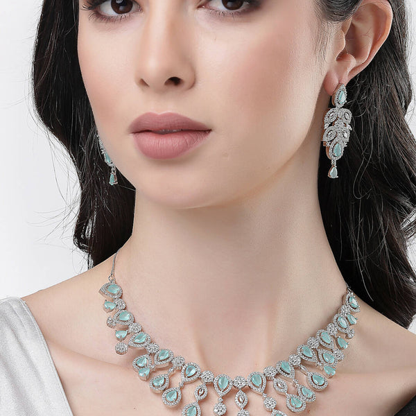 NVR Women Silver Plated & Turquoise Cz Stone Handcrafted Jewellery Set - Distacart