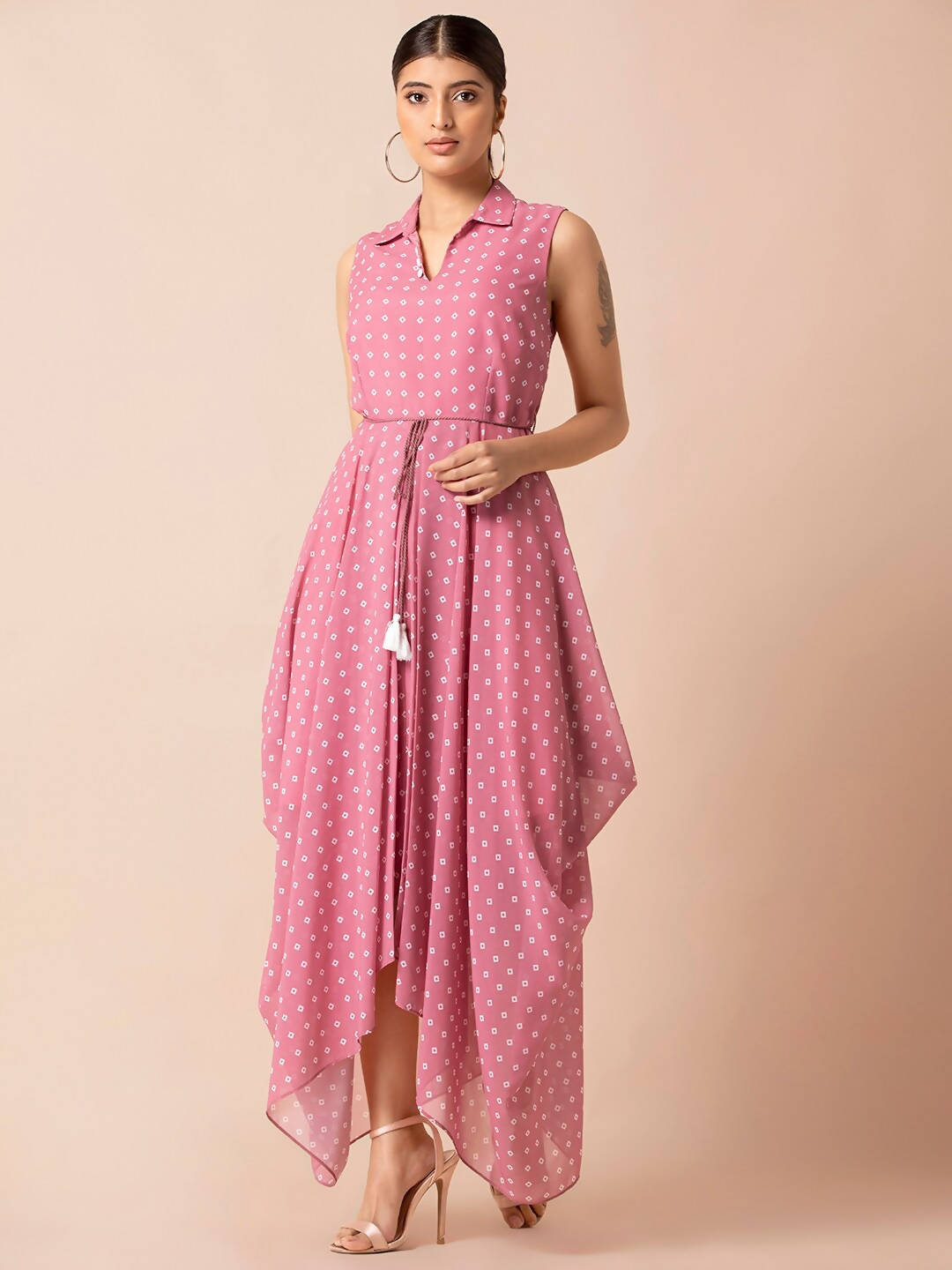Indya Pink & White Bandhani Printed Maxi Dress - Distacart