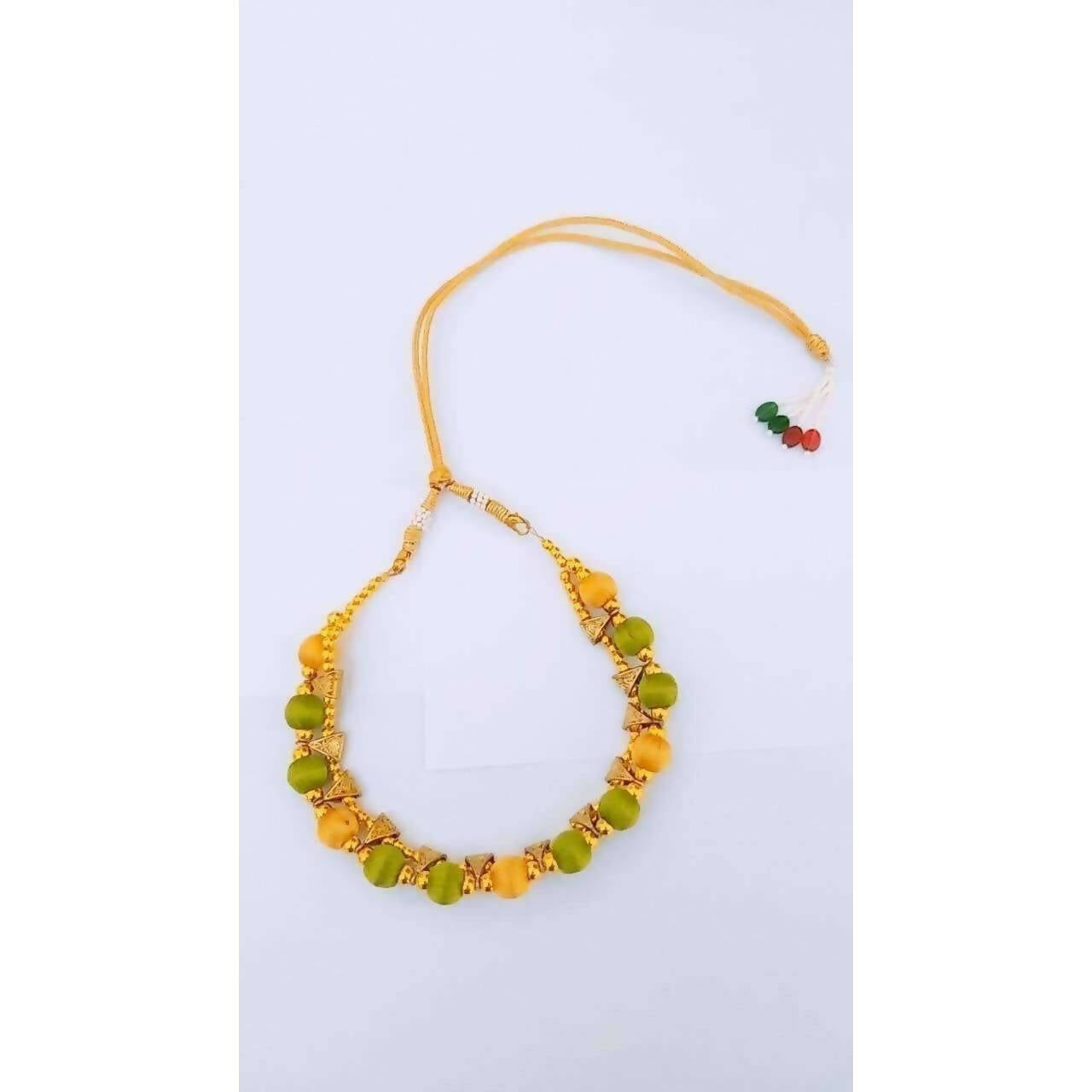 Green and Gold Silk Threaded Necklace Set with Earrings and Maang Tika - Distacart