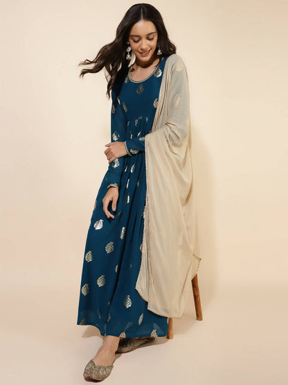 Janasya Women's Teal Blue Georgette Foil Printed Festive Flared Kurta Set - Distacart