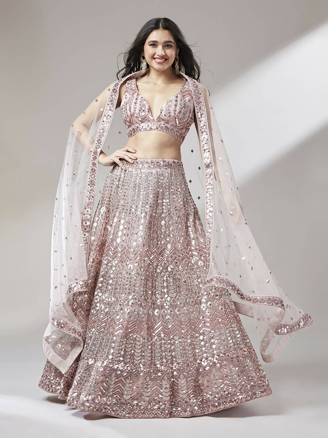 House of Panchhi Rose Gold Net Mirror & Sequinse embroidery Lehenga choli & Dupatta - Distacart