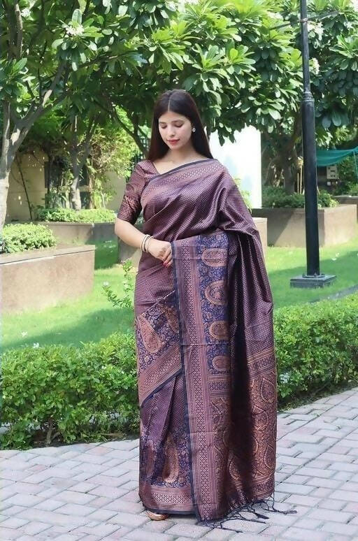 DEIANA'S Beautiful Golden Jari with New Design Soft Lichi Silk Saree - Purple - Distacart