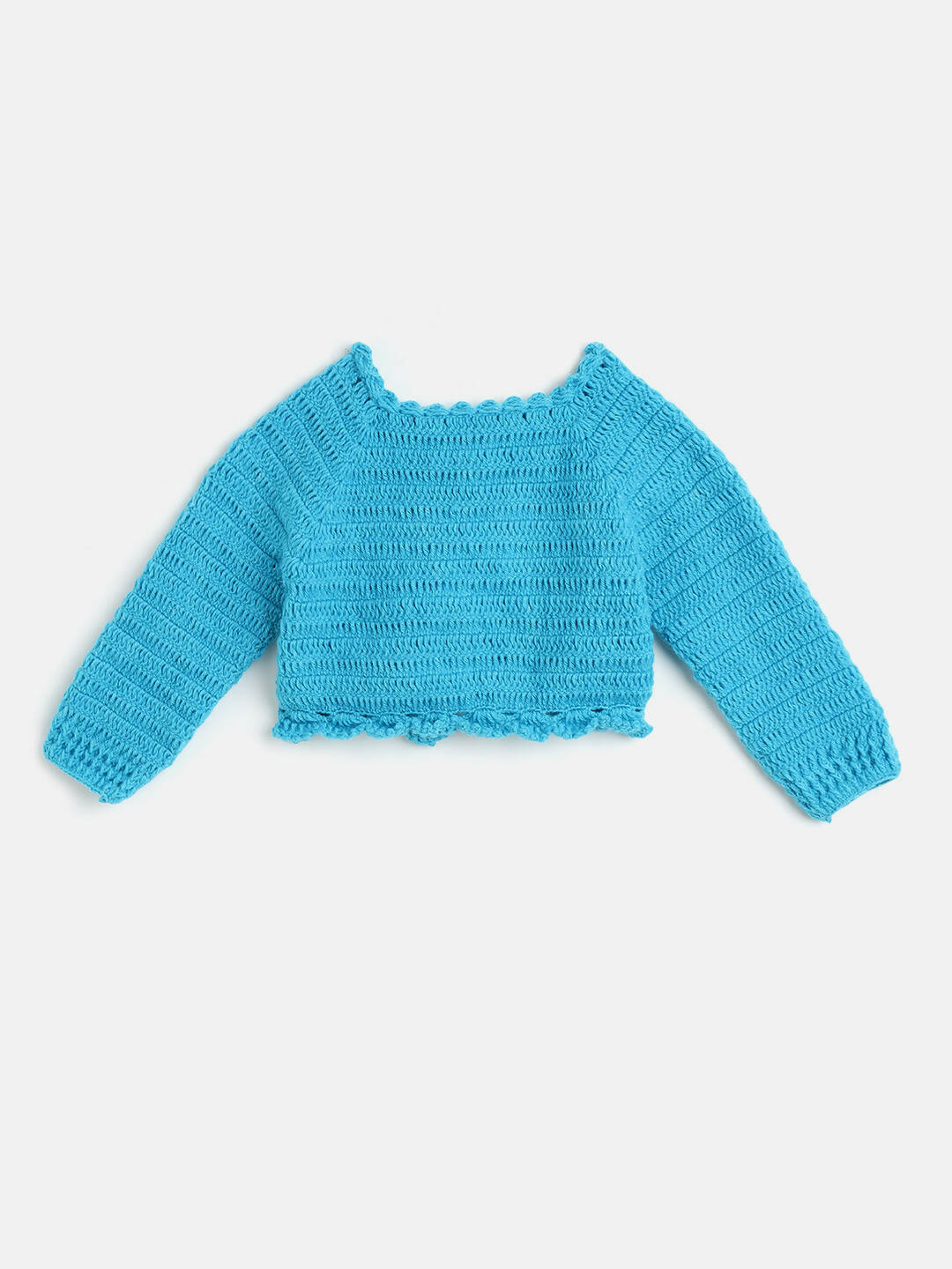 Chutput Kids Woollen Hand Knitted Full Sleeves Cardigan With Short Sleeves Flower Work Dress - Blue - Distacart