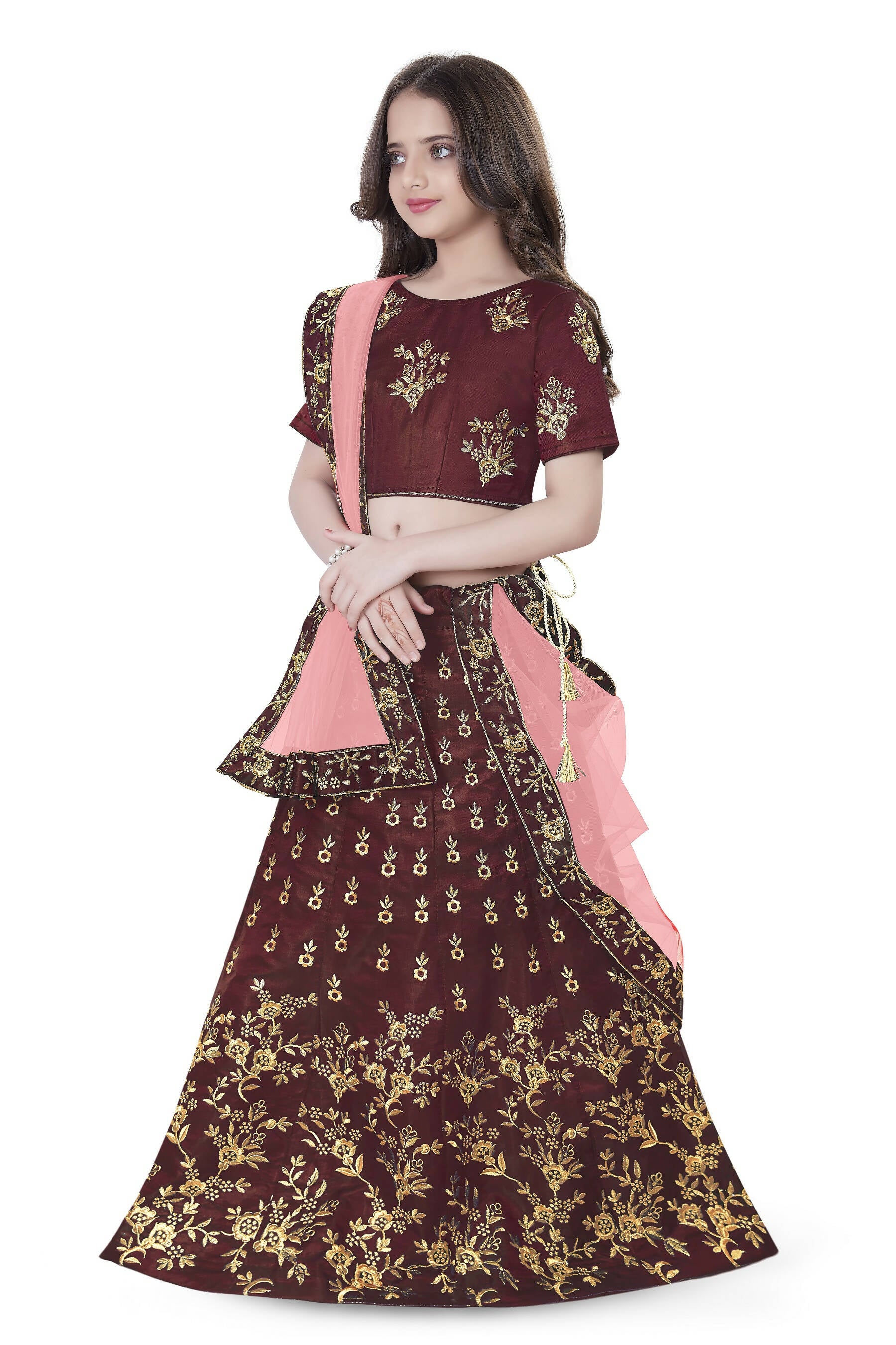 Dwiden Maroon Baby Doll Tafetta Sattin Semi-Stitched Girl's Lehenga Choli - Distacart
