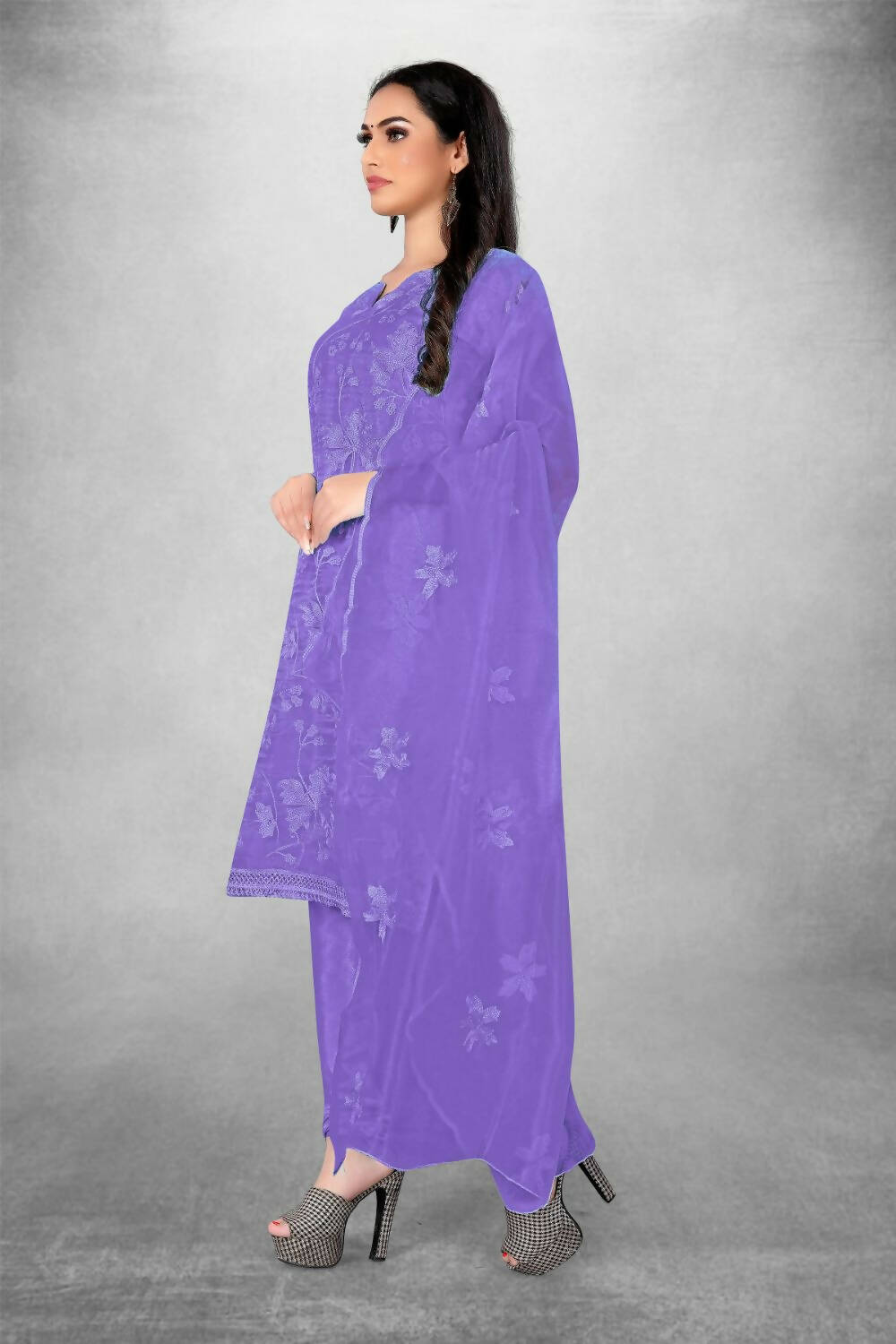 Lavender Heavy Organza Silk Embroidered Unstitched Dress Material - Amara - Distacart