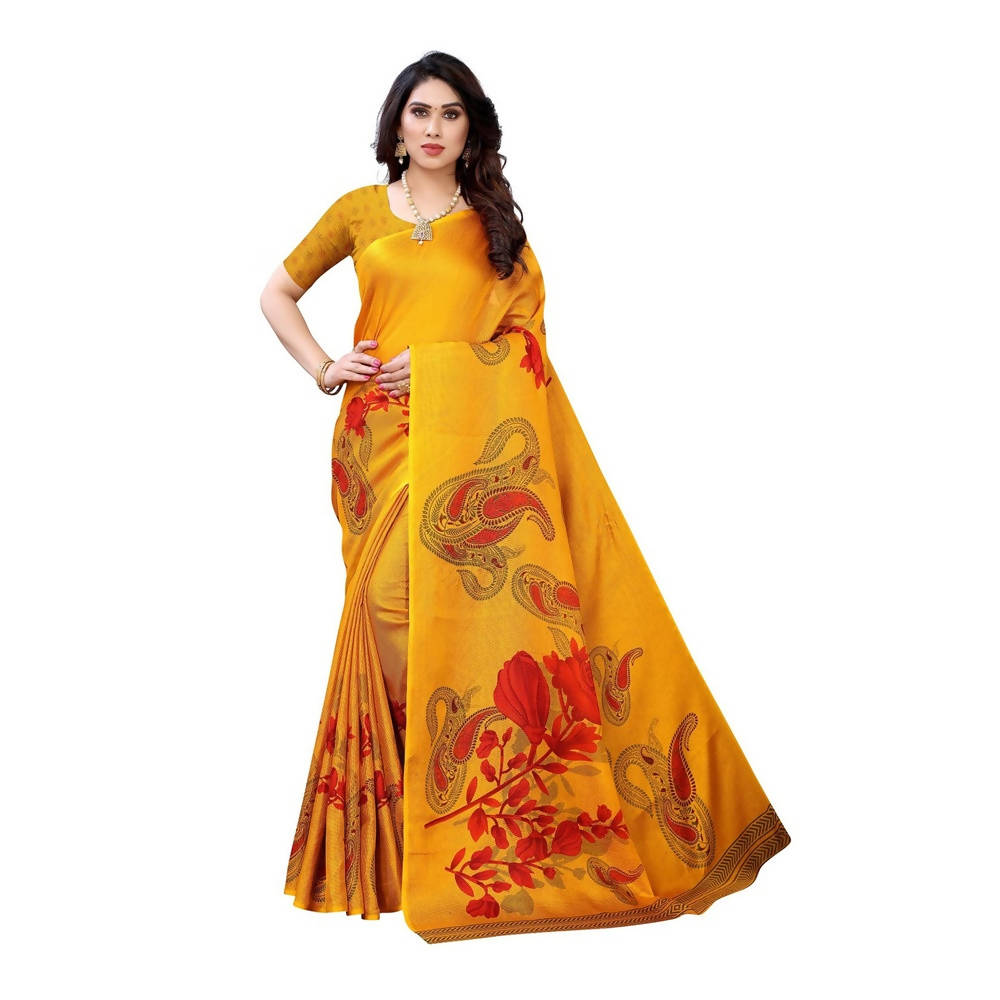 Vamika Printed Jute Silk Yellow Saree (Leo Yellow)