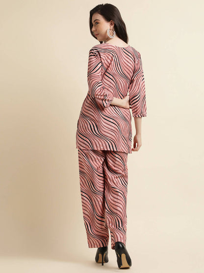 Peach Poly Crepe Digital Printed Top with Matching Bottom - Preeti - Distacart