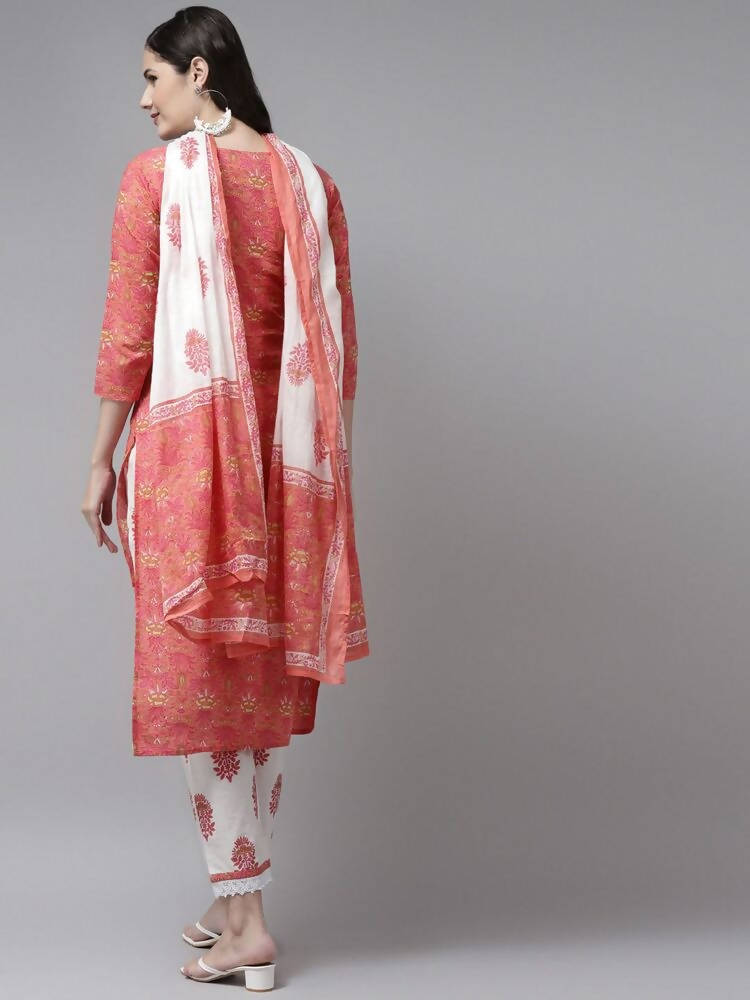 Yufta Women Pink & White Ethnic Motifs Printed Mirror Work Kurta with Palazzo & Dupatta