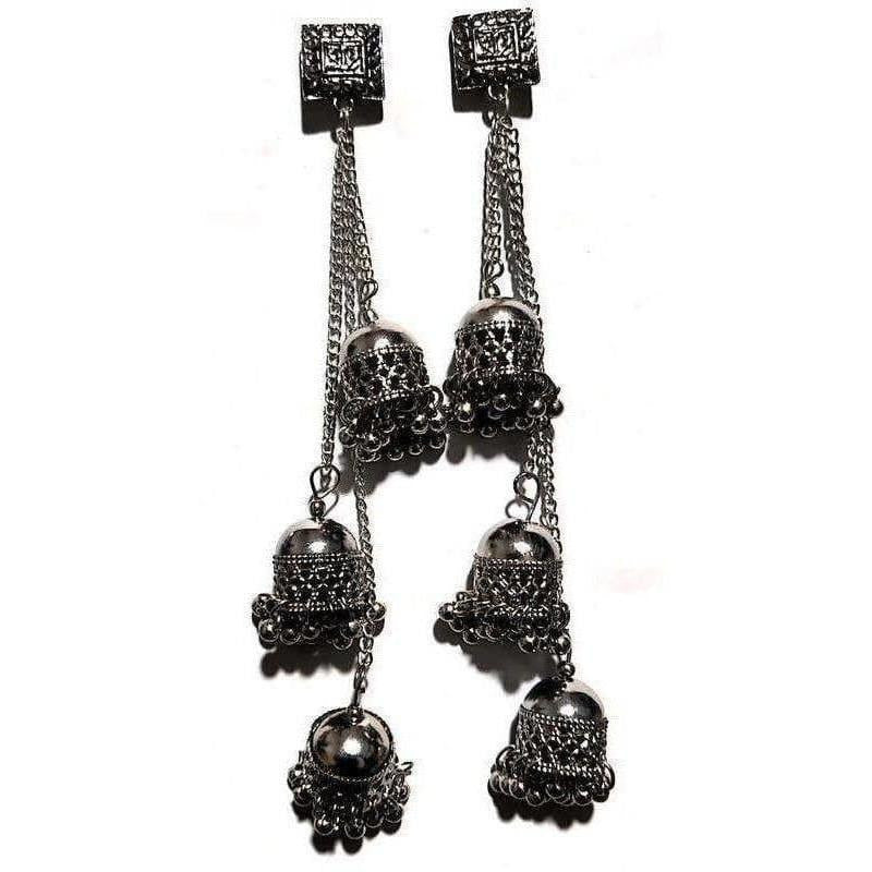 Antique Kashmiri Black Color Long Hangings Chains Jhumkas Pearls Earrings