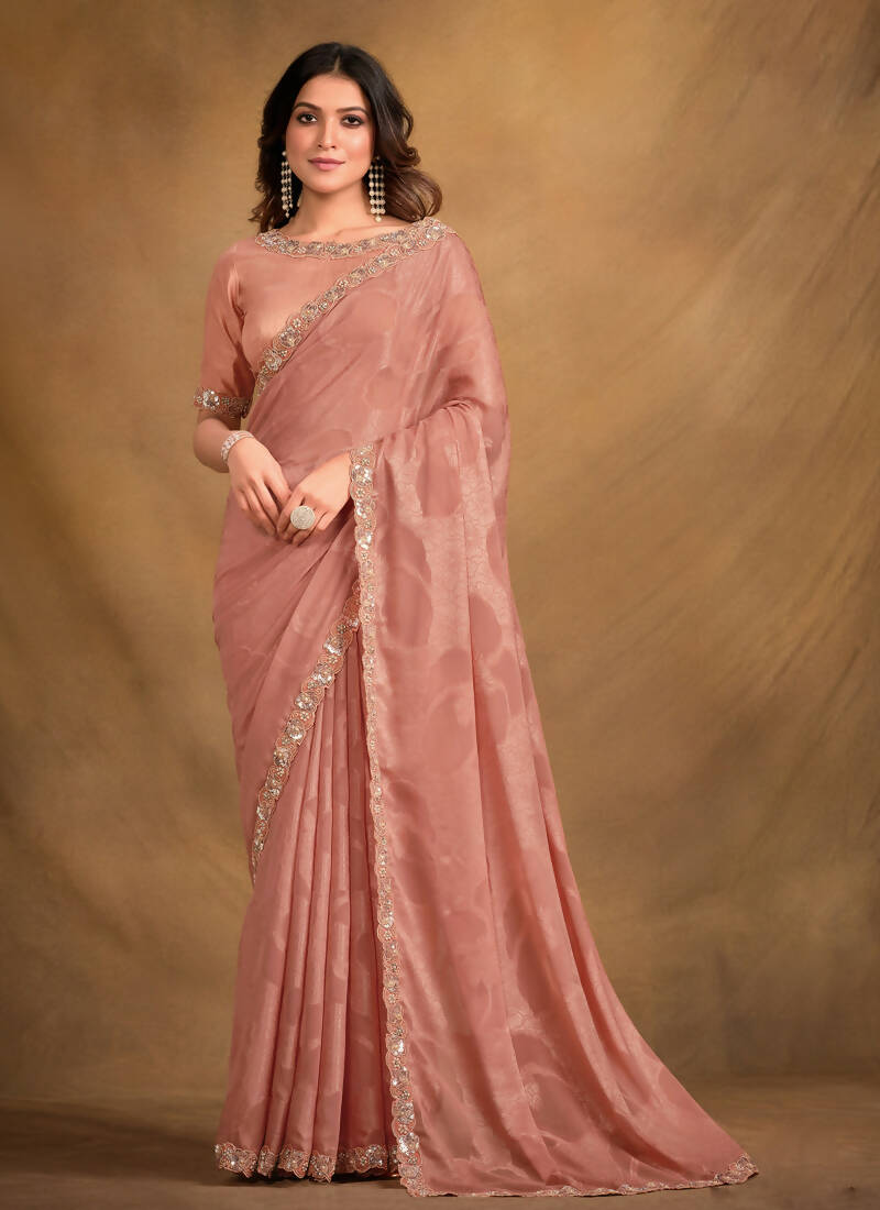 Peach Self Jacquard Georgette Designer Saree with Unstitched Blouse - Norita Mahitha - Distacart