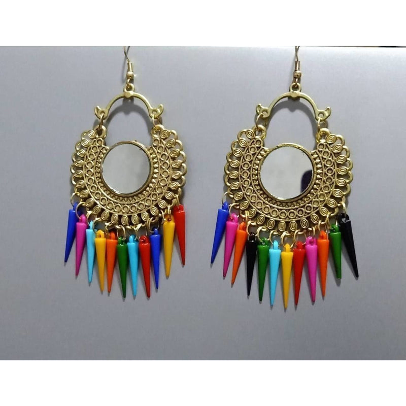 Gold Color Latest Design Chandbali Mirror Multi Color Alloy Drops Tassel Earrings