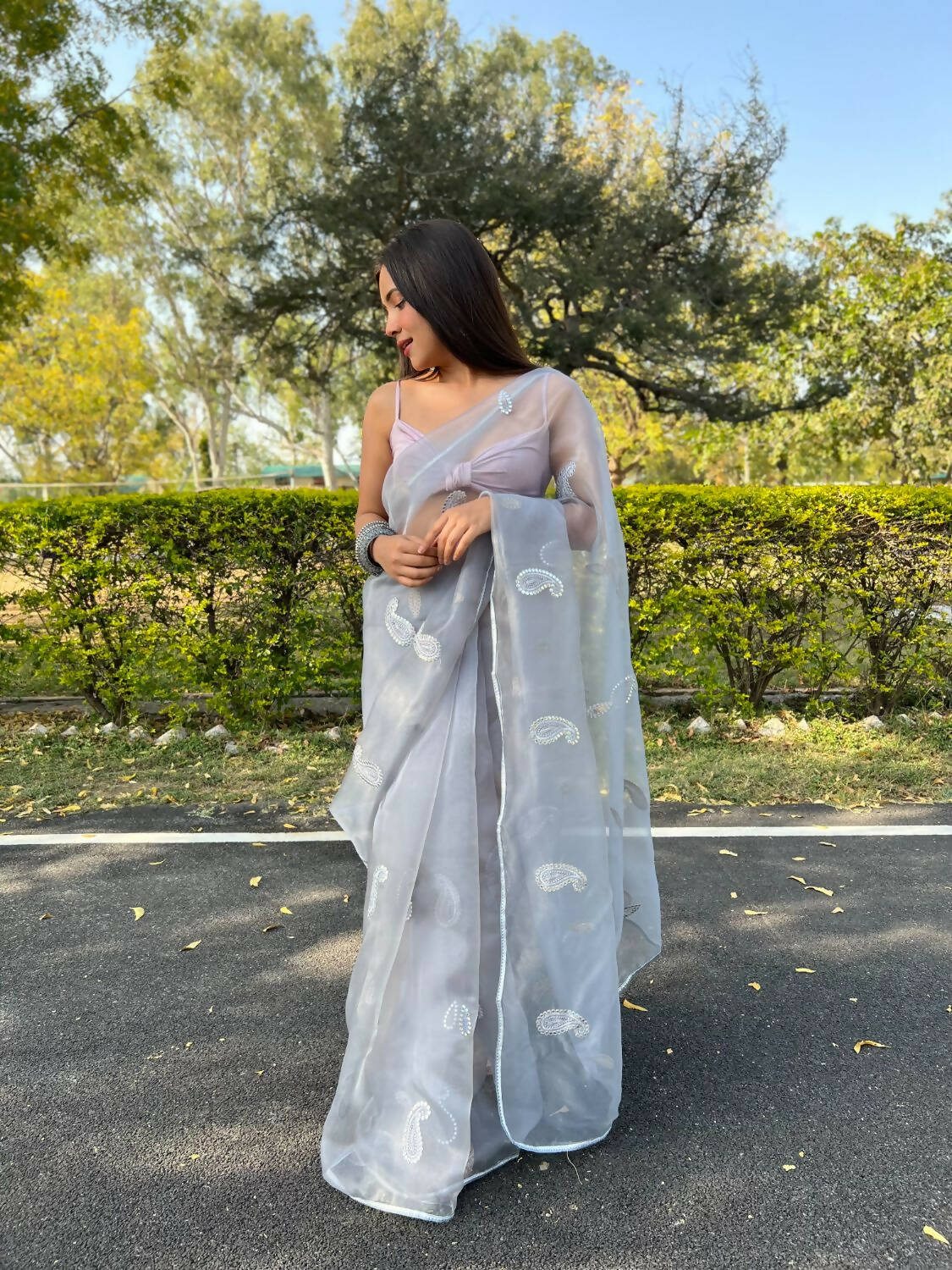 Vastrasky Grey Organza Saree - Distacart