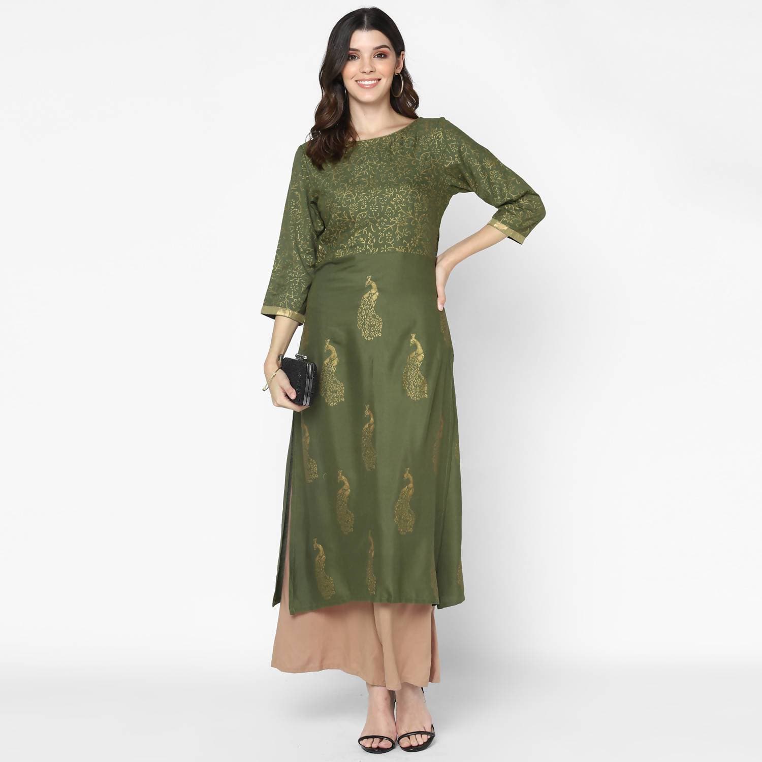 Cheera Hand Block Print Olive Green & Skin Color Straight Kurta With Palazzo (MAAI-083K)