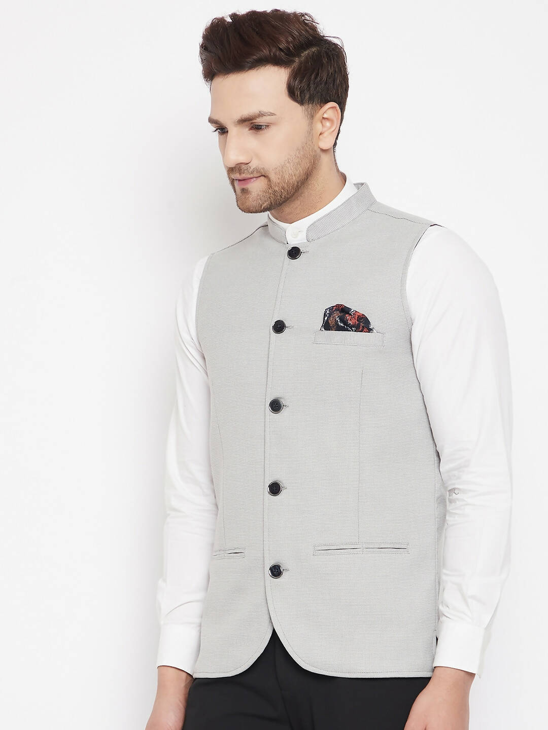 Even Apparels Grey Merino Men's Nehru Jacket-Contrast Lining-Free Pocket Square - Distacart