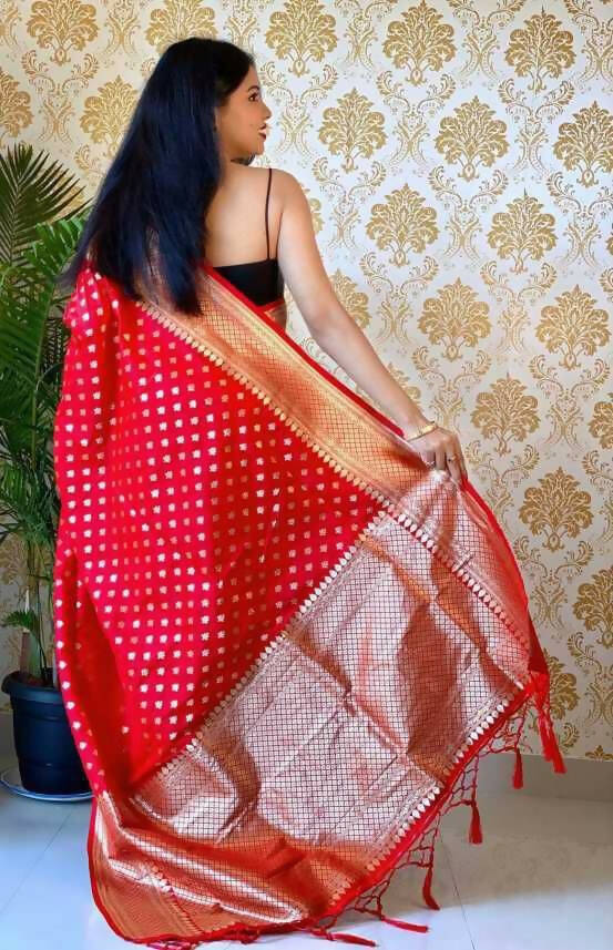 DEIANA'S Beautiful Golden Jari with New Design Soft Lichi Silk Saree - Red - Distacart