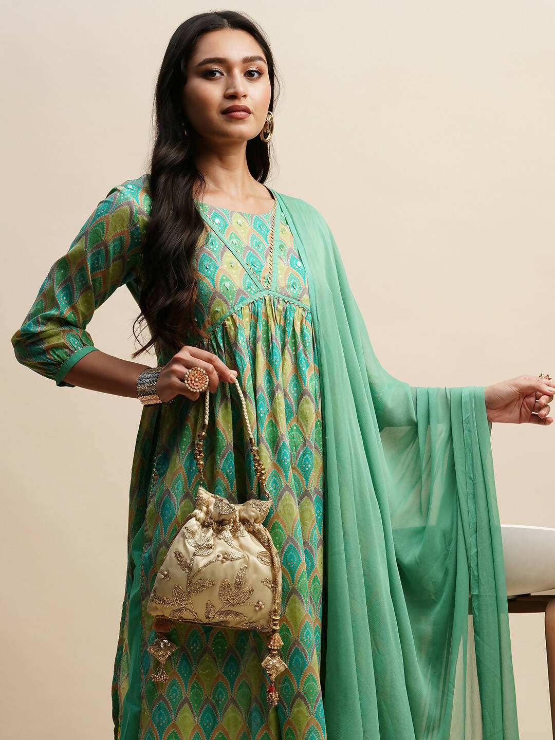 Sea Green Pure Cotton Bandhani Printed Naira Cut Kurta And Bottom With Dupatta - Akashara - Distacart