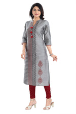 Thumbnail for Snehal Creations Grey Raw Silk Block Print Long Kurta For Women - Distacart