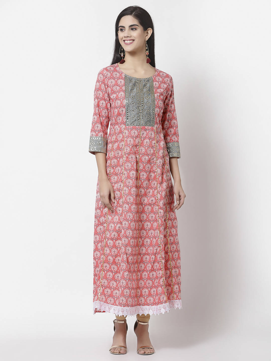 Myshka 3/4 Sleeve Pure Cotton Round Neck Printed Dress For Women