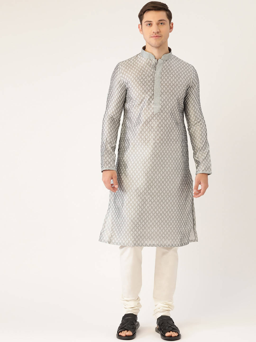 Manyavar Men Grey & White Woven Design Kurta with Churidar - Distacart