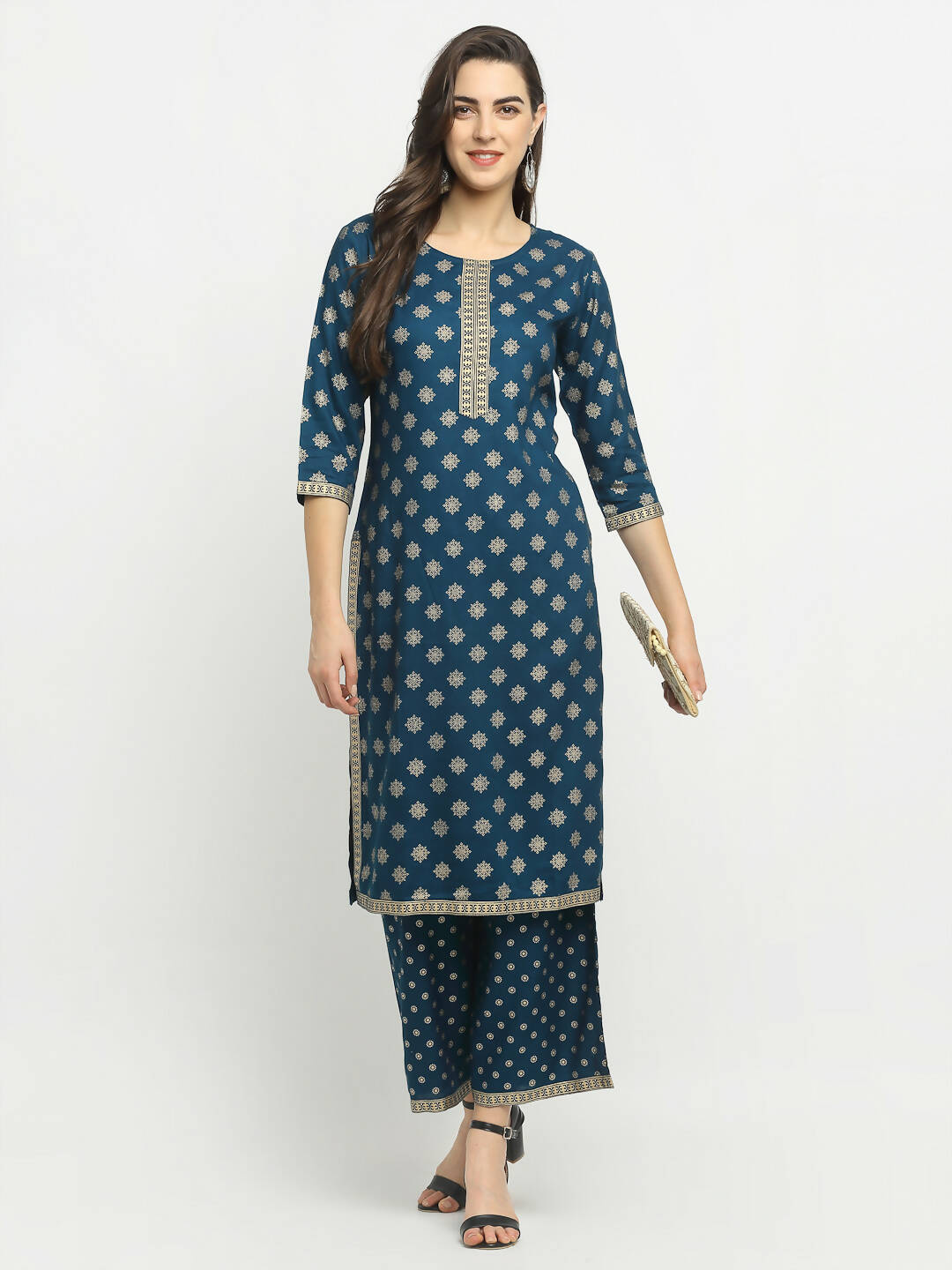 Rudra Bazaar Stright Gold Printed Kurti With Palazzo - Distacart