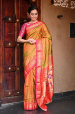 Thumbnail for Very Much Indian Handloom Yeola Pure Silk Paithani - Dual Tone Green Pink - Distacart