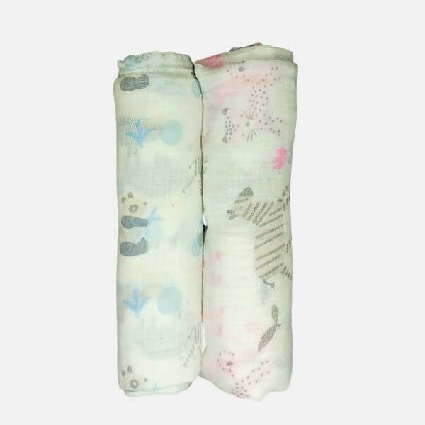 Kindermum Organic Cotton Muslin Swaddle Blanket 100 Cm X 100 Cm - Set Of 2 - Jungle Safari And Tiny Animals - Distacart