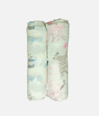 Kindermum Organic Cotton Muslin Swaddle Blanket 100 Cm X 100 Cm - Set Of 2 - Jungle Safari And Tiny Animals - Distacart