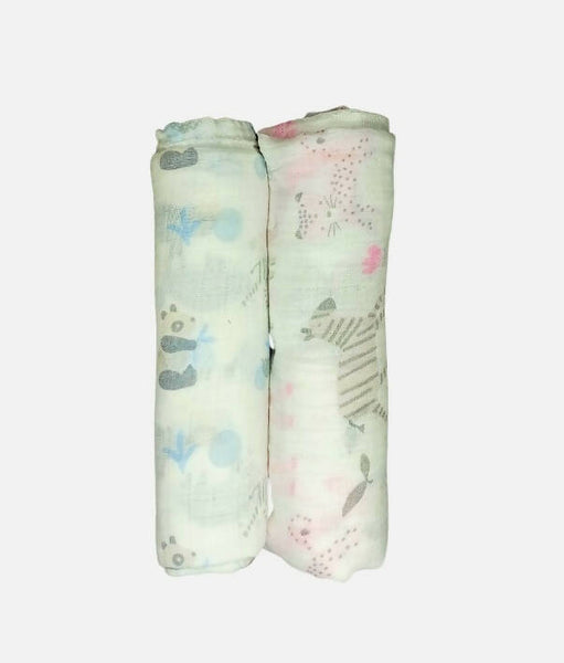 Kindermum Organic Cotton Muslin Swaddle Blanket 100 Cm X 100 Cm - Set Of 2 - Jungle Safari And Tiny Animals - Distacart
