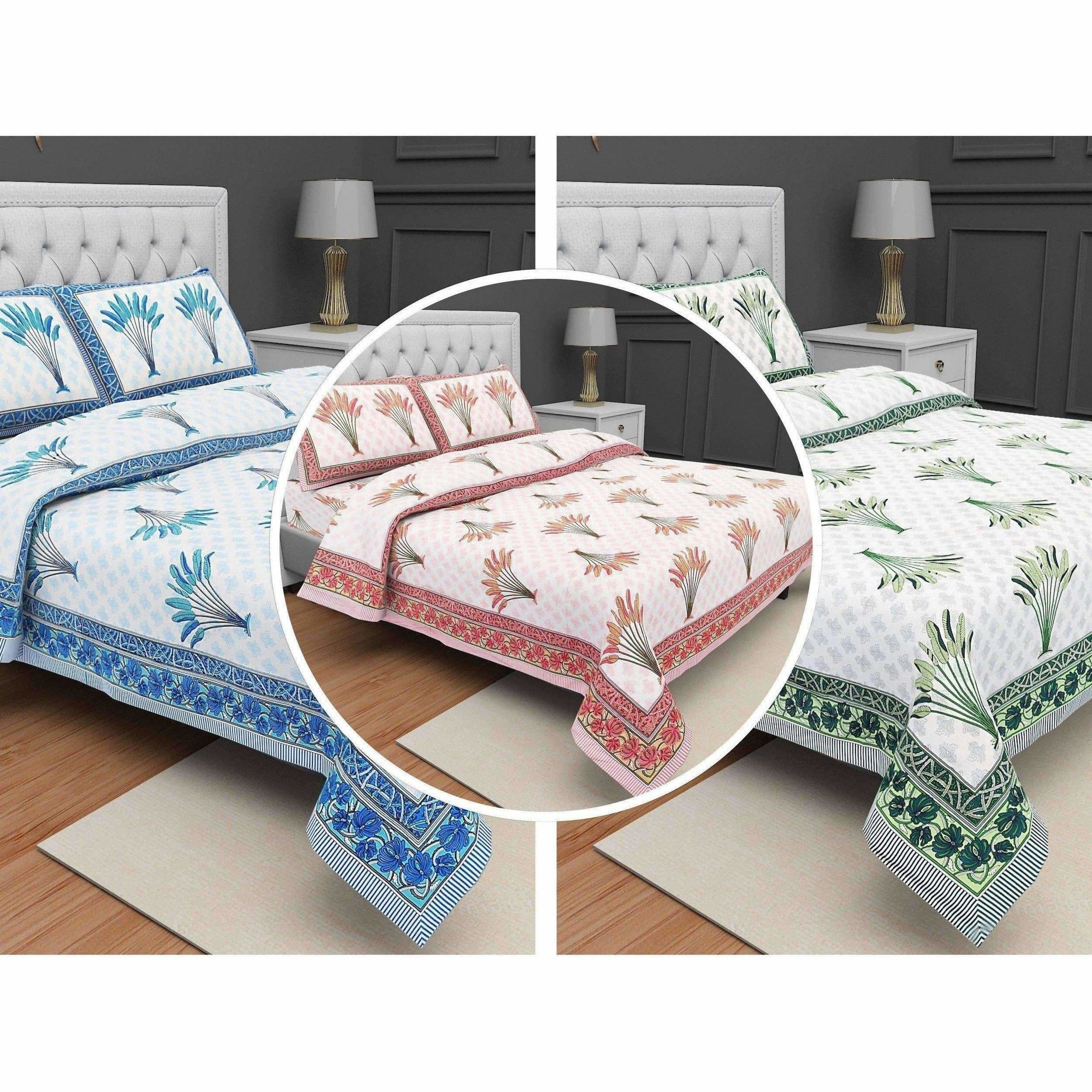 Jaipuri Hand Block Printed Traditional 144TC Cotton Double/Queen Bedsheet with 2 Pillow Covers - Distacart