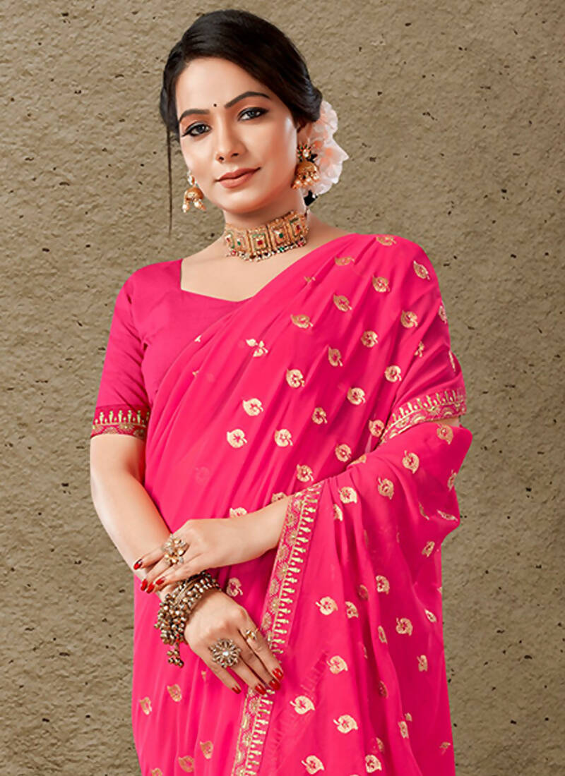 Pink Georgette Embroidered Saree with Unstitched Blouse Piece - Avika - Distacart